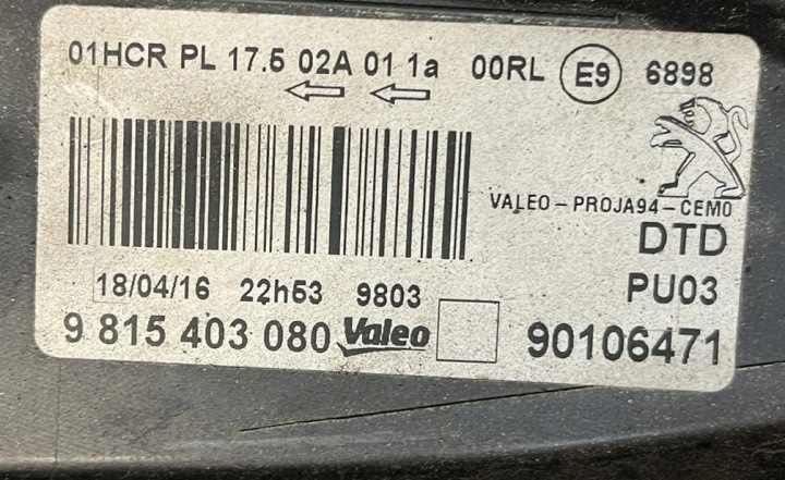 PHARE DROIT AVANT AVANT PEUGEOT 2008 I 1 9815403080 EUROPE