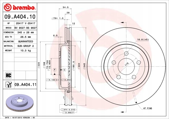 DISCOS DE FRENADO PARTE DELANTERA BREMBO 09.A404.11 09A40411 