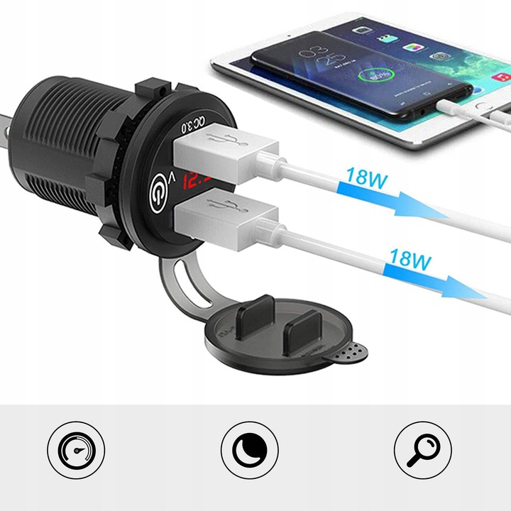 TRAGALUZ DISPOSITIVO DE CARGA MOTOCICLETA DE AUTOMÓVIL 2 PIEZAS USB QC3.0 VOLTÍMETRO BOTÓN 