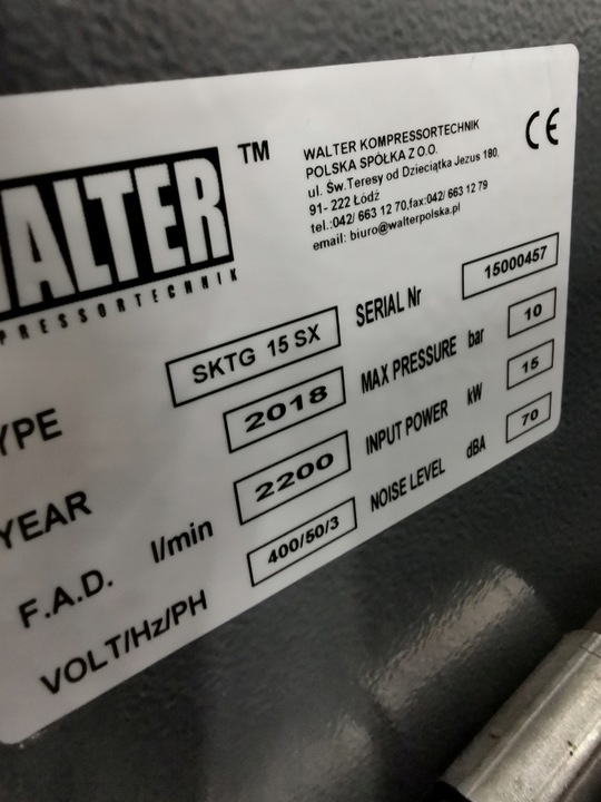 2018R 3484H COMPRESOR SRUBOWY 15KW WALTER 10BAR COMPRESOR 2200L +DESHUMECTADOR 