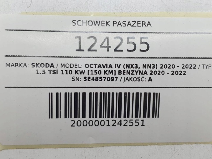 BOÎTE À GANTS PASSAGER TABLEAU DE BORD CONSOLES CLAIR SKODA OCTAVIA IV 5E4857103 5E4857097