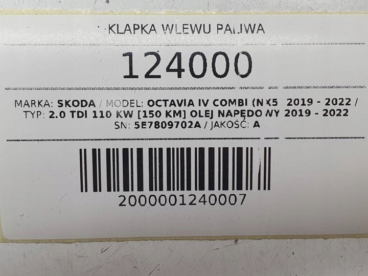 CLAPET GOULOTTE DE REMPLISSAGE CARBURANTS DIESEL ADBLUE BOUCHON SKODA OCTABIA IV UNIVERSEL 5E7809702A