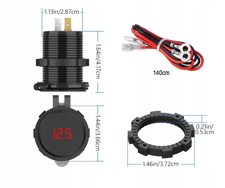 DISPOSITIVO DE CARGA MOTOCICLETA 2 USB QC3.0 VOLTÍMETRO BOTÓN 