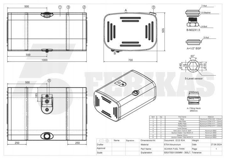 NEUF ALUMINIUM RÉSERVOIR CARBURANTS SCANIA 300L 1424271, 1902142