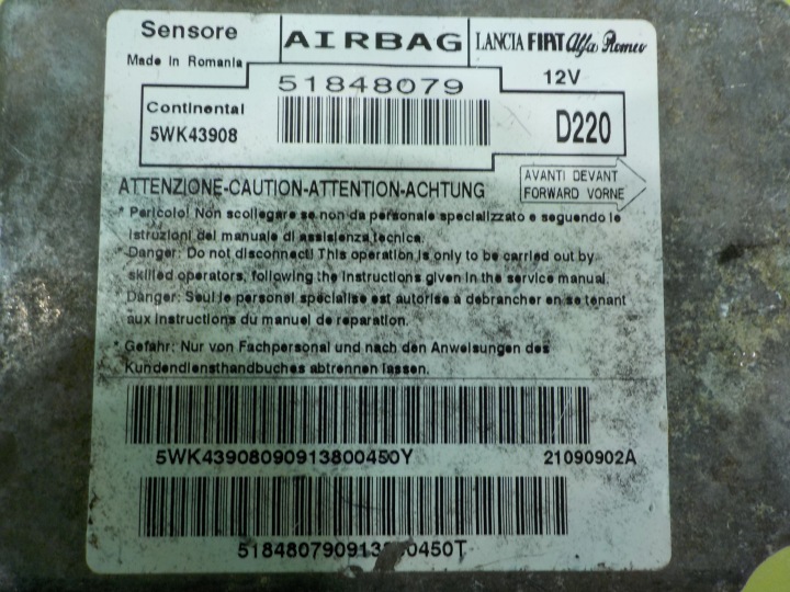 FIAT 500 1.2 B 09R 3D MODULE CAPTEUR AIRBAG 51848079