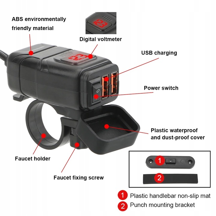 ROJO STYL DOBLE DISPOSITIVO DE CARGA USB DO MOTOCYKLA 