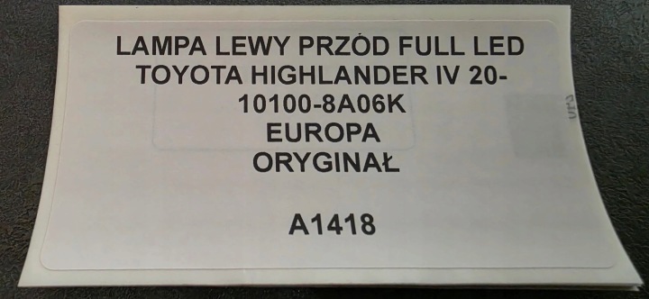 PHARE GAUCHE AVANT COMPLET LED TOYOTA HIGHLANDER IV 20- ORIGINAL 10100-8A06K