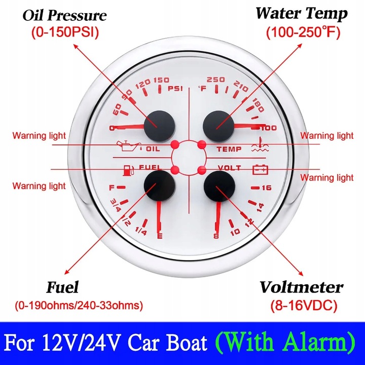 NUEVO 85MM WATER TEMPERATURE METER OIL PRESSURE FUEL LEVEL VOLTAGE 4IN~77148 