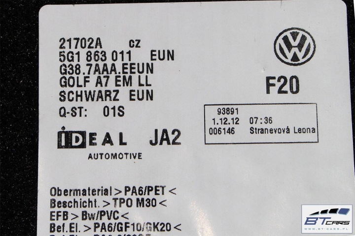 VW GOLF 7 VII TAPIS DE SOL ESSUIE-GLACES PLANCHERS 5G1863011 EUN NOIR 5G1 863 011