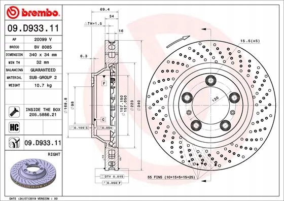 BREMBO 09.D933.11 DISCO DE FRENADO PARTE DELANTERA DERECHA 