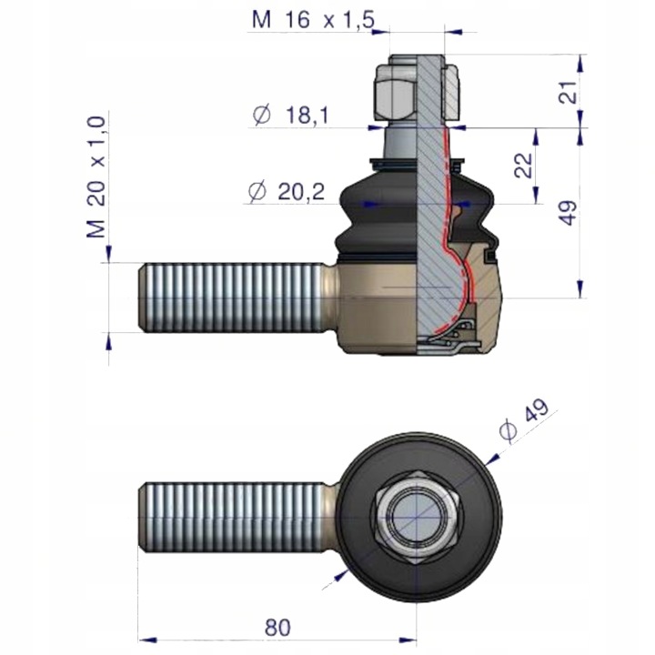 JOINT DIRECTION M20X1 80MM FIAT FORD NOUVEAU HOLLAND 5109553 WARYNSKI