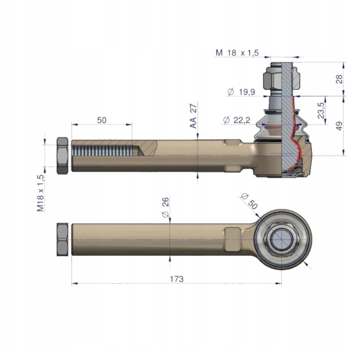 JOINT DIRECTION 173MM- M18X1,5 137048A1 WARYNSKI