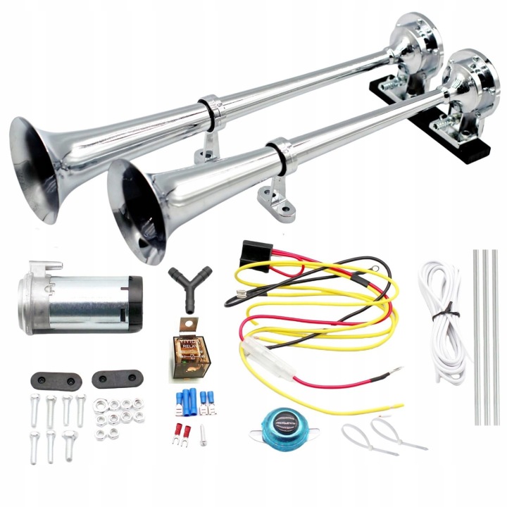 DOUBLE KLAXON AUTOMOBILE AVERTISSEUR SONORE HAUT-PARLEUR 12V TYPE TIR CHROME AVEC COMPRESSEUR