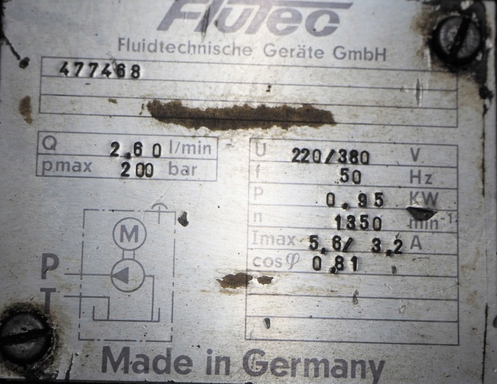 POMPE HYDRAULIQUE FLUTEC 477468 WYDAJNOSC 2,5L/MIN.200 BAR,HYDAC