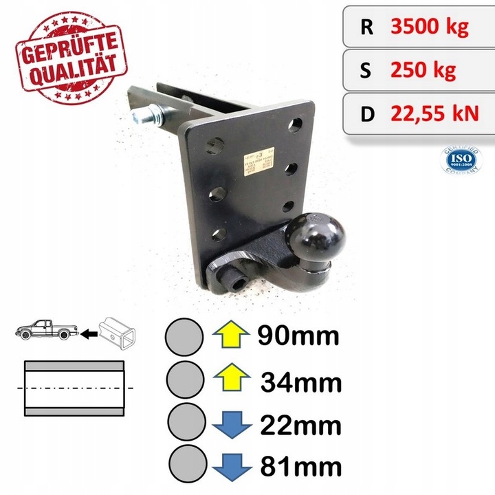 ADAPTADOR DE BARRA DE REMOLQUE HOLOWNICZEGO EE.UU. 50X50 CON BOLA FLANSZOWA PARA TOYOTA SIENNA 97-02 