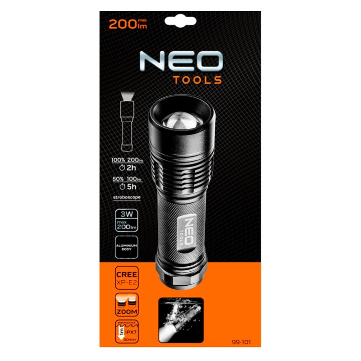 ALUMINIUM LAMPE DE POCHE MANUELLE 200 LUM ZOOM IPX7 3XAAA NEO TOOLS