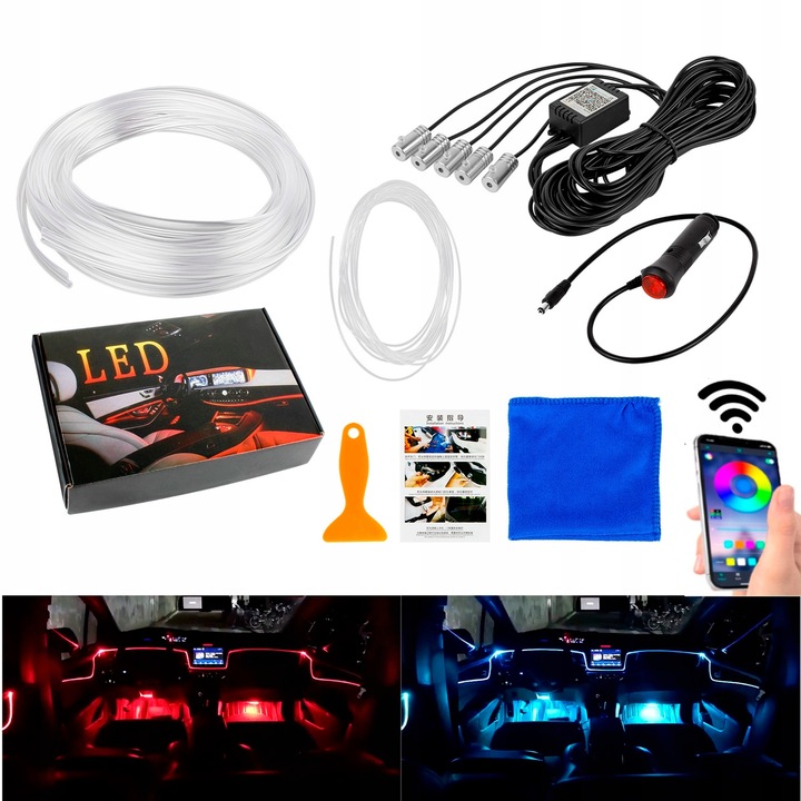 CABLE DE FIBRA ÓPTICA ILUMINACIÓN OTOCZENIA DIODO LUMINOSO LED RGB ILUMINACIÓN INTERIOR AUTO 6M APLIKACJA 