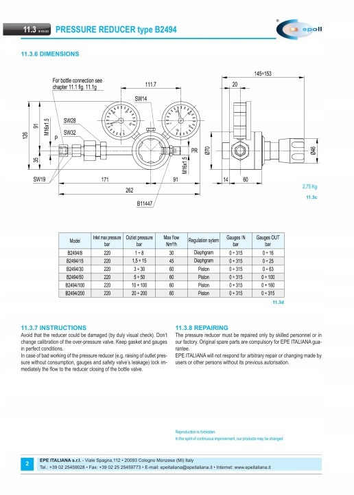 RÉDUCTEUR DE VITESSE PRESSION B2494/200 EPE ITALIANA