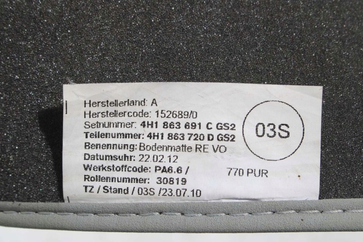 AUDI A8 TAPIS DE SOL REVÊTEMENTS ESSUIE-GLACES 4H1863691C PLANCHERS 4H 4H1863691C 4H