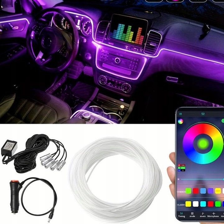 CABLE DE FIBRA ÓPTICA ILUMINACIÓN PARA COCHE AUTO CABINAS BRIDA 6M RGB + APLIKACJA 