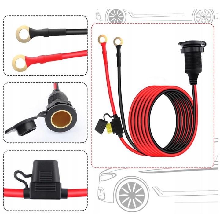 PRISE ALLUME-CIGARES AVEC FUSIBLE 20A 12V 24V 14AWG Ø8,3MM 3M.