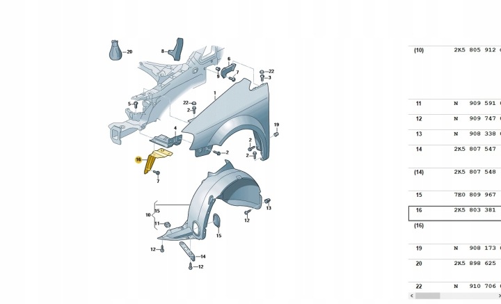 FIXATION GARDE-BOUE LEWY-PRZOD VW CADDY OE 2K5803381