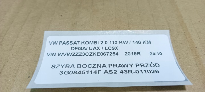 3G0845114F GLACE LATÉRALE DROIT AVANT PASSAT B8 2.0 TDI UNIVERSEL