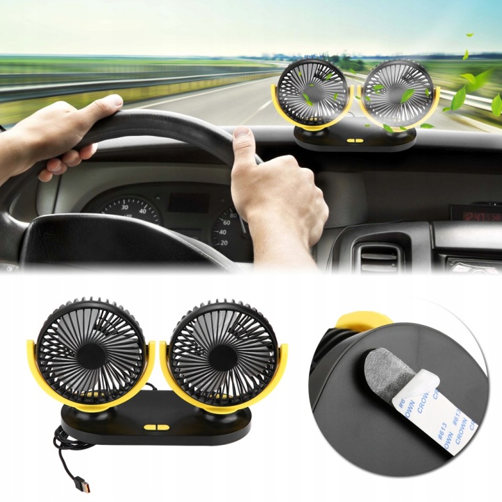 VENTILATEUR AUTOMOBILE USB AVEC DOUBLE CULASSE 12 V NOIR JAUNE 24*31*16 CM