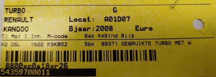 TURBOCOMPRESSEUR 7701476891 54359700011 507852H301868 1.5DCI 89371 KM