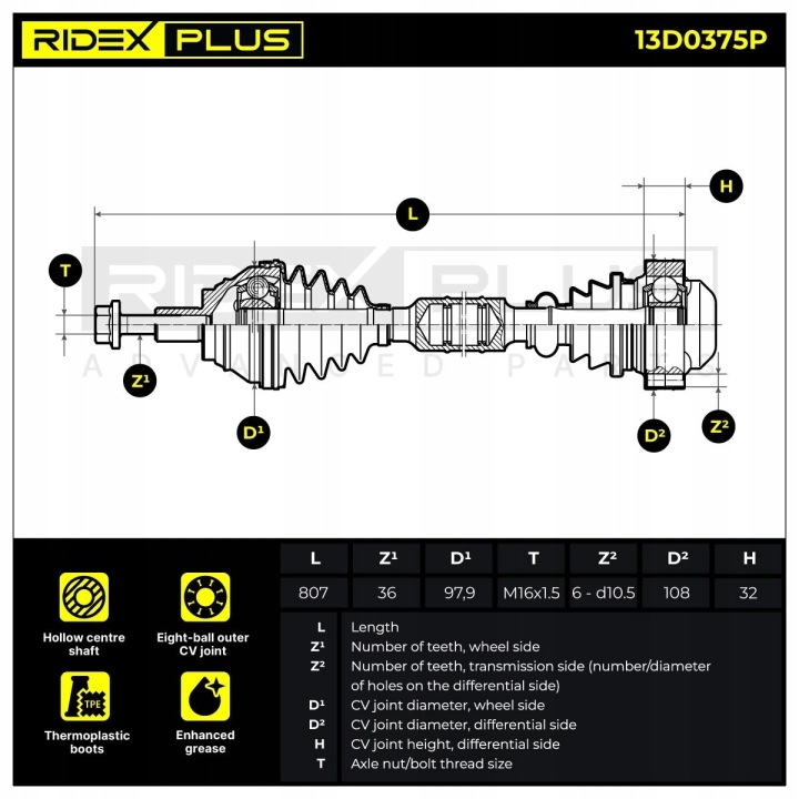 RIDEX PLUS 13D0375P ARBRE DE TRANSMISSION PRAWO VERS VW PASSAT VARIANT (3C5) TOURAN