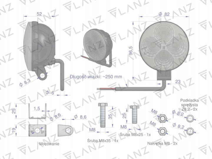 PHARE TRAVAILLÉ RONDE MINI 12W 4 LED GLANZ