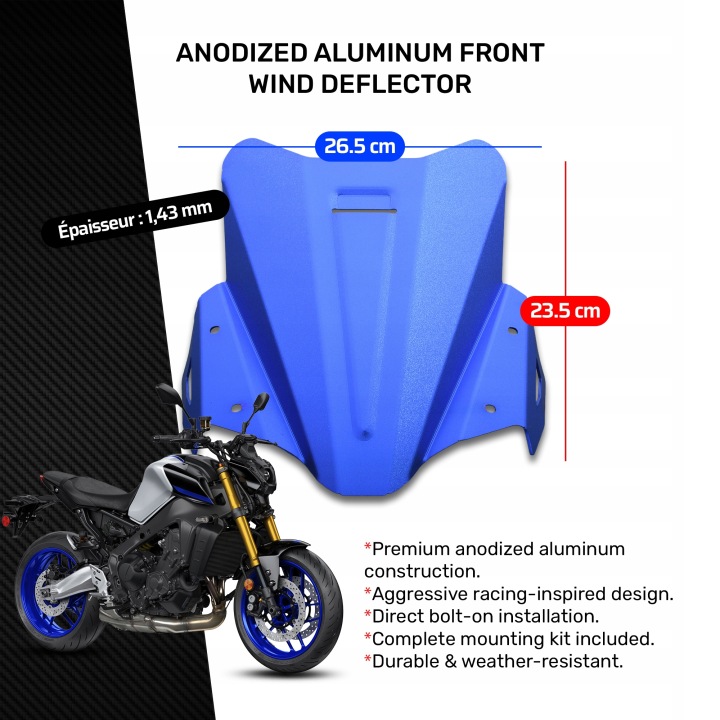 VITRE DÉFLECTEUR D'AIR AVEC ALUMINIUM VERS YAMAHA MT09 MT-09 RN69 2021-2023 BLEU