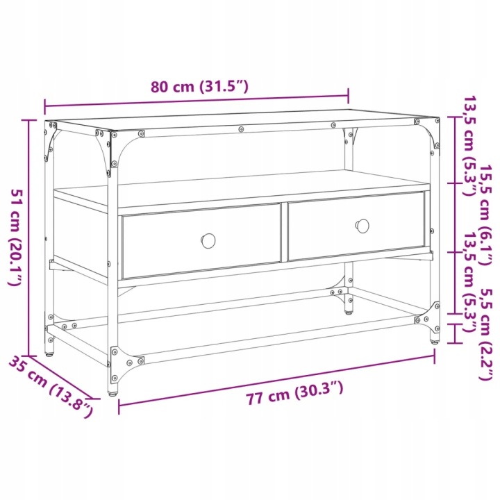 VIDAXL CASIER SOUS TV AVEC SZKLANYM BLATEM, PRZYDYMIONY DAB, 80X35X51 CM