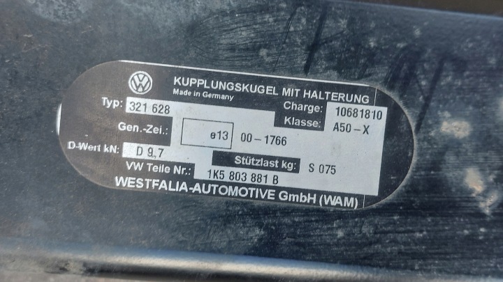 VW GOLF V 5 VI 6 UNIVERSEL CROCHET ATTELAGE WESTFALIA 1K5803881B ORYGNIAL