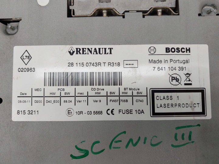 RADIO D'USINE CD 281150743R RENAULT GRAND SCENIC III
