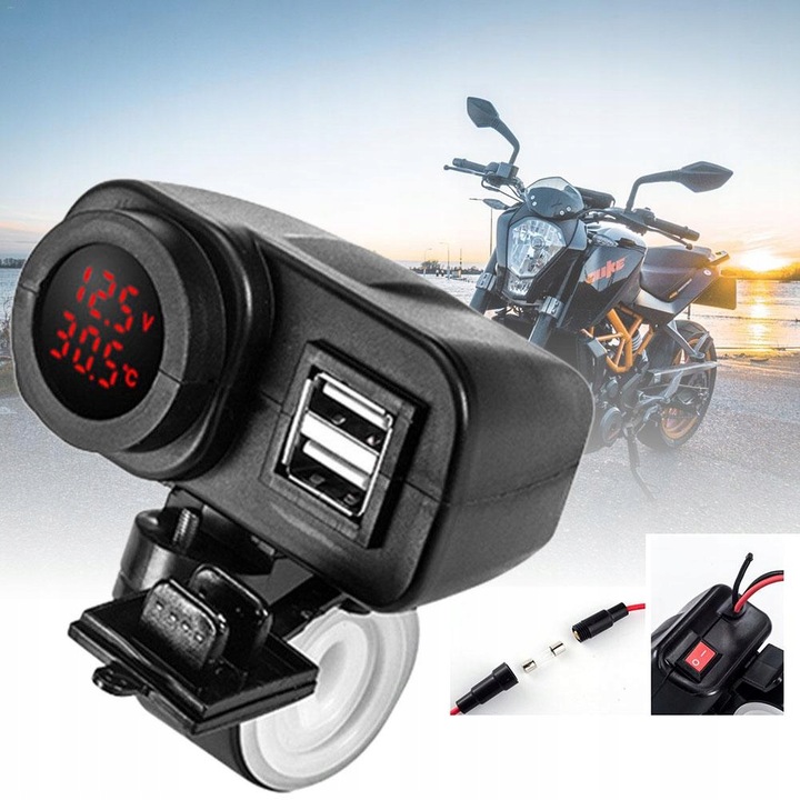 DISPOSITIVO DE CARGA MOTOCICLETA VOLTÍMETRO TERMO 2 PIEZAS USB 3W1 