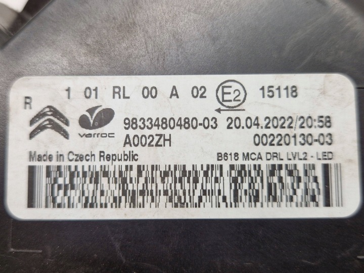FEUX VERS CONDUITE DIURNE DROITE CÔTÉ CITROEN C3 9833480480