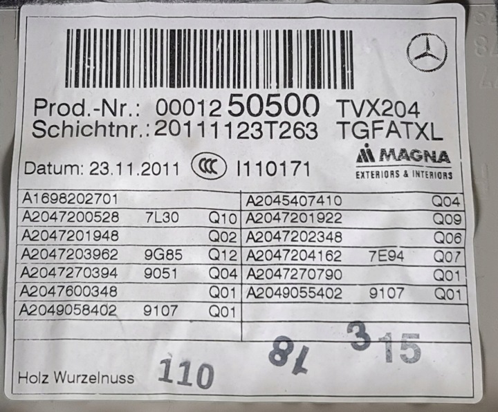 GARNITURE COLLECTEUR GAUCHE AVANT MERCEDES GLK X204 EURO