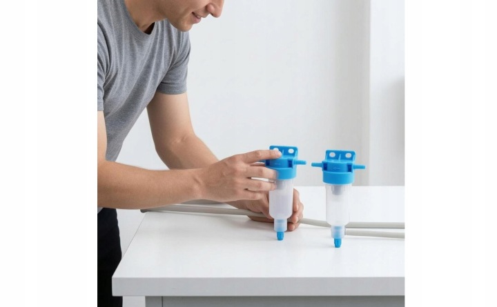 FILTRE SÉPARATEUR HUILES I EAU BLEU PLASTIQUE TRANSPARENT CYLINDRIQUE