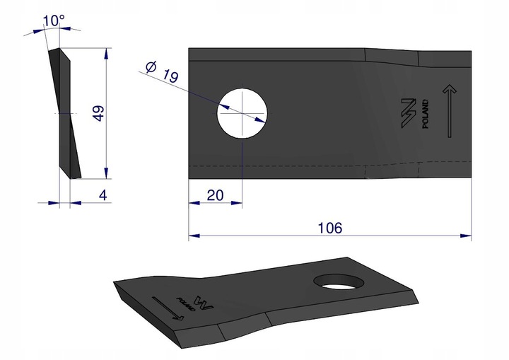 NOZ. NOZYK KOSIARKA IZQUIERDO 106X48X4MM ORIFICIO 19 ZASTOSOWANIE 122329 FELLA WARY 