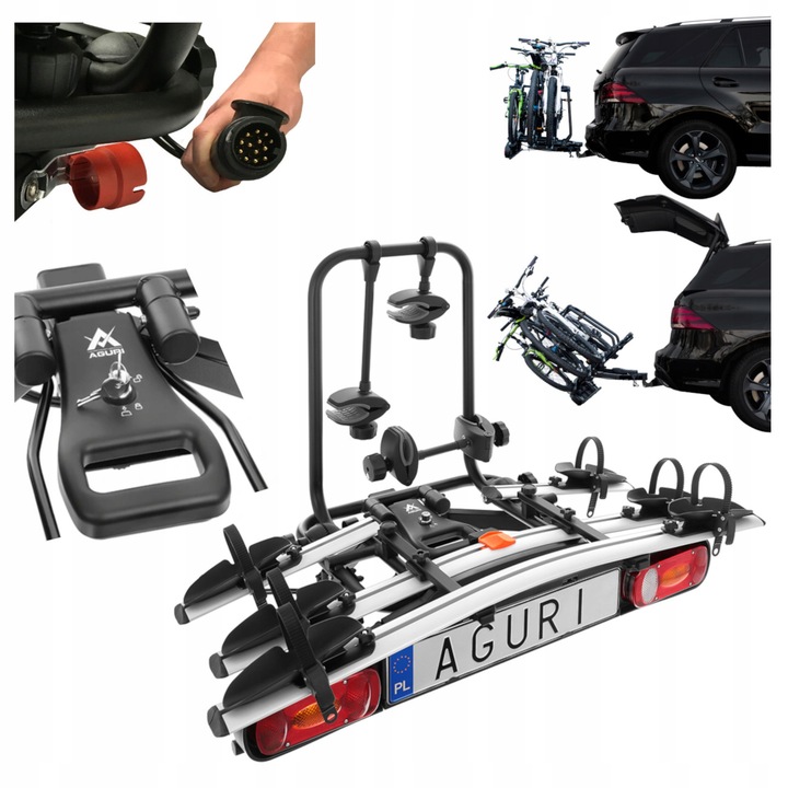 PLATFORM BOOT BIKES ON 3 BIKES ON TOW BAR AGURI SILVER UCHYLANY 13PIN 