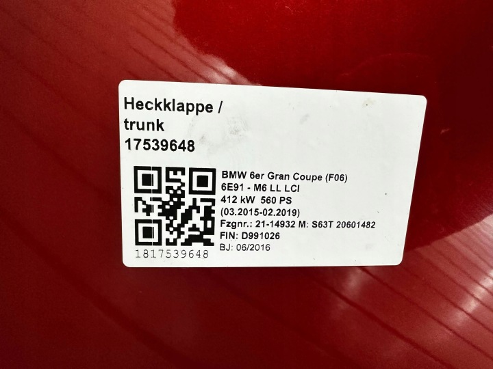 COUVERCLES DE COFFRE COUVERCLES DE COFFRE ARRIÈRE BMW 6 F06 GRAN COUPÉ M6 COULEUR B50