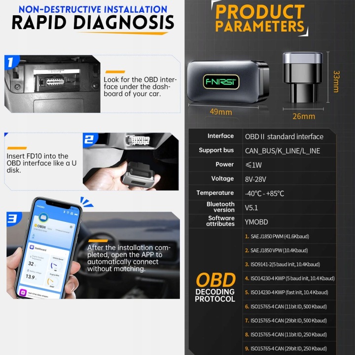FNIRSI FD10 AUTOMOBILE SKANER OBD2 DETEKTOR USTEREK