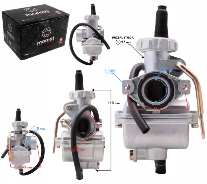 CARBURATEUR MORETTI STREET PZ20, 80CC 4T, P.17 MM ASPIRATION SUR LEVIERS