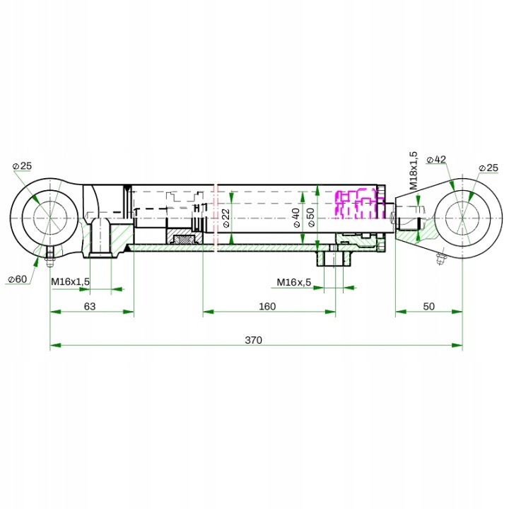 SERVOMOTEUR PISTON HYDRAULIQUE BILATÉRAL 40X22 HAUTEUR D'ÉLÉVATION 160 U25