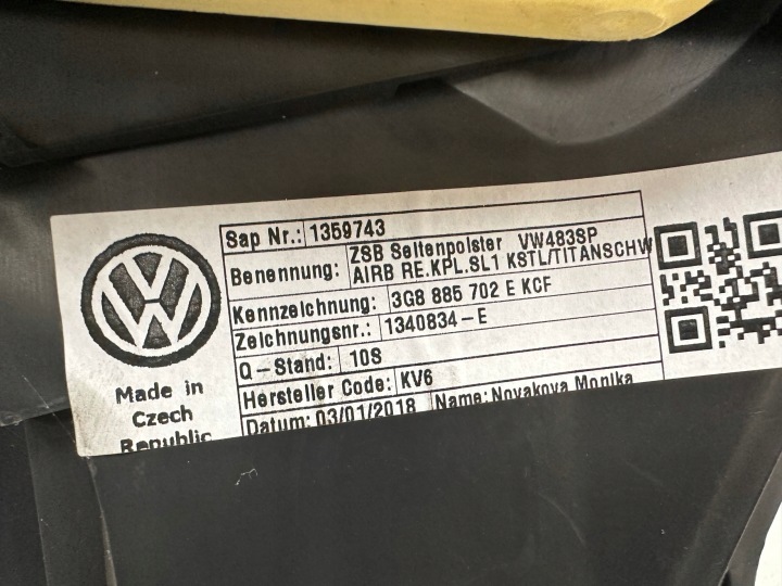 COLLECTEUR AIRBAG BANQUETTES ARRIÈRE VW ARTEON DROIT ARRIÈRE 3G8885702E