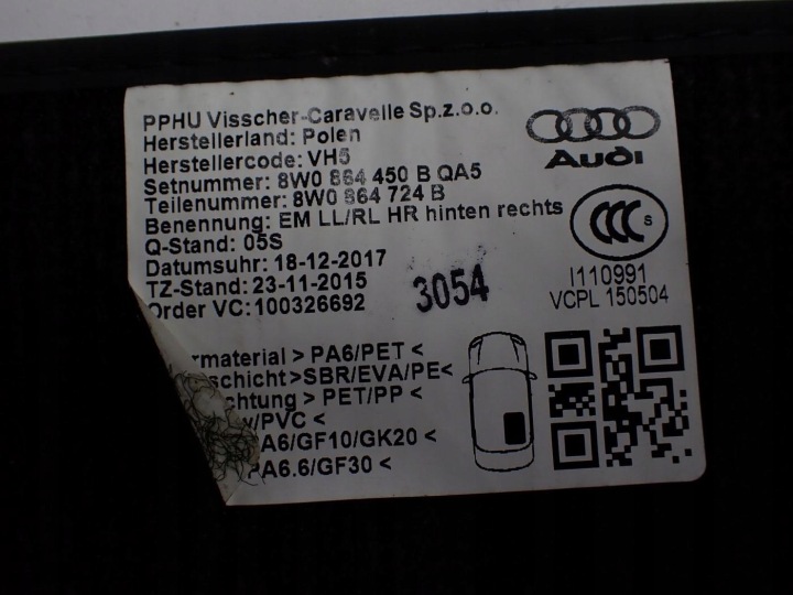 TAPIS DE SOL CHODNICZKI VELOURS EUROPE 8W1863691B AUDI A4 B9 8W 18R