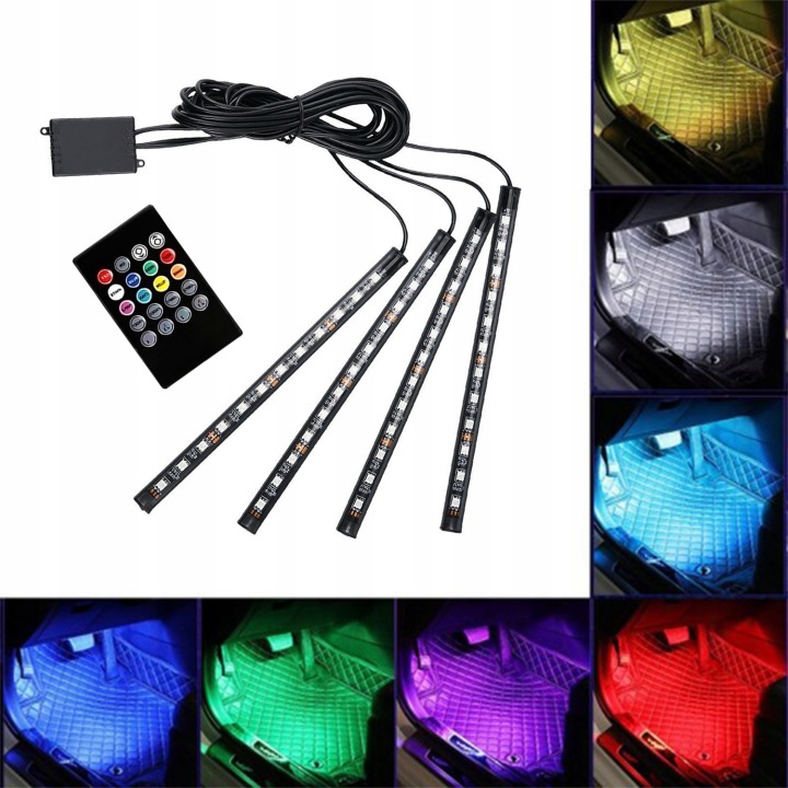 ÉCLAIRAGE INTÉRIEUR VOITURE RGB, 4 COURROIES LED COMMANDE TÉLÉCOMMANDE