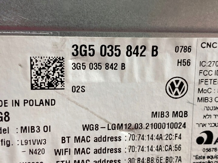 2020 VOLKSWAGEN ARTEON PANNEAU AUTORADIO CD/DVD/GPS 3G5035842B