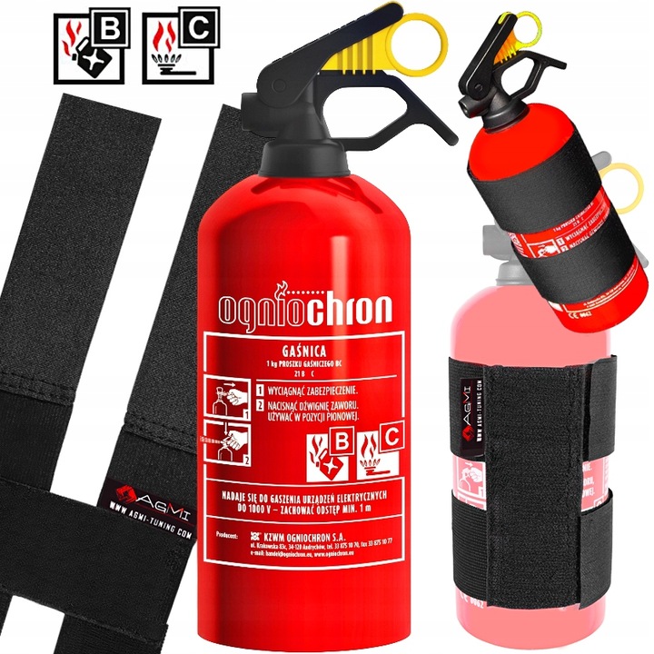 EXTINGUIDOR DE AUTOMÓVIL DE POLVO 1 KG OGNIOCHRON SOPORTE RZEP PARA DE MALETERO 